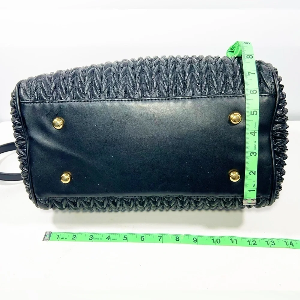 Black Gathered Vegan Leather Large Handbag with Tassels Gold Harware